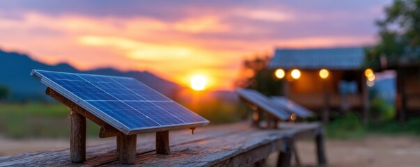 Solar panels at sunset on a wooden platform with a scenic background.