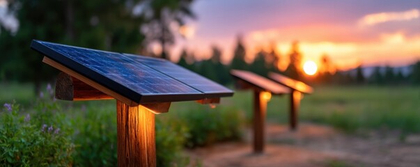 Solar panels glisten in the sunset, highlighting renewable energy's beauty.
