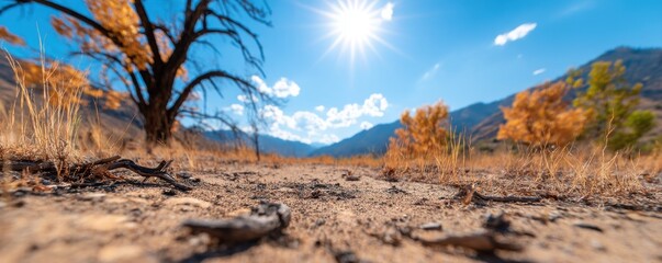 Barren landscape under bright sun with distant mountains and scattered clouds.