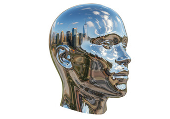 Chrome Head Reflecting Cityscape Architecture Transparent Background