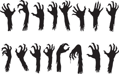 Fototapeta premium Halloween zombie hands. Creepy zombie crooked lambs stick out of graveyard ground vector set. Zombie hands silhouette silhouette vector. Creepy zombie arms elements