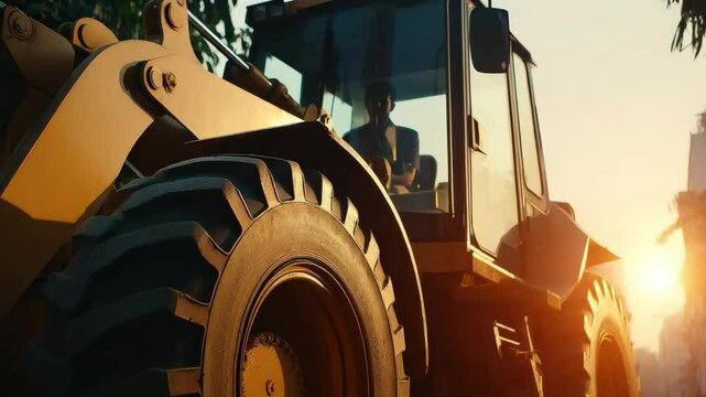 Bulldozer in Action: A powerful bulldozer, captured in a moment of focused work, with a silhouette of a worker at the controls against a vibrant, sunlit backdrop, signifying the progress.