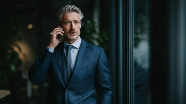 Confident Businessman on Phone Call by Window in Modern Office