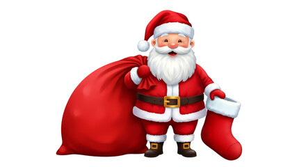 Cartoon Santa Claus with Red Sack and Stocking on Transparent Background