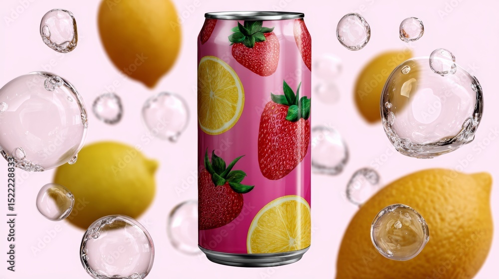Poster can of strawberry lemonade with a strawberry and lemon design on it. the can is surrounded by bubble