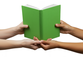 Green Open Book Held by Two Hands Sharing Knowledge on Transparent Background