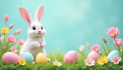 Obraz premium Cute pastel Easter bunny banner with colorful eggs and spring flowers, perfect for holiday decorations , background, Easter