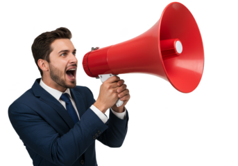 Confident Man with Megaphone Announcing Loudly on Transparent Background