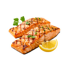 Delicious grilled salmon filets with lemon and parsley on transparent background