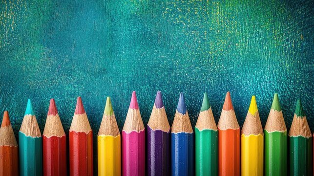 A row of colorful pencils against a textured green background.