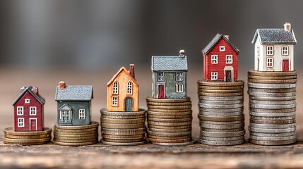 Miniature houses on coins representing financial growth.