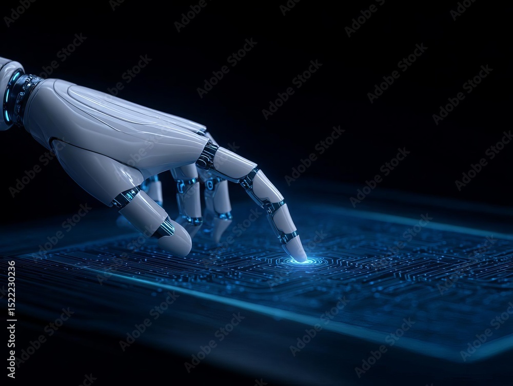 Poster futuristic robotic hand interacting with digital interface.