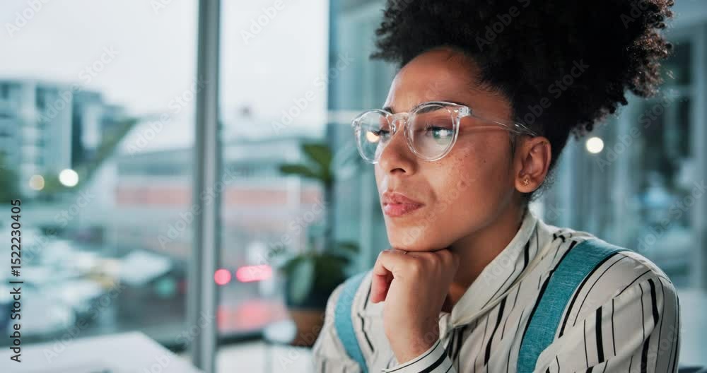 Poster glasses, computer and thinking with business woman in office for web design, ui planning and researc