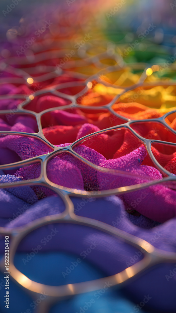 Poster close up of a colorful fabric with a metal grid overlay in a vibrant rainbow color scheme
