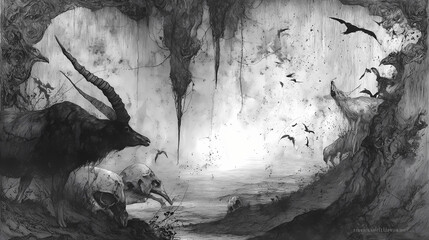 gallery piece on metaphysical dread | metaphysical sickness | existential horror | ink-stained gray | dreamlike drift | withered beasts | mist-textured background | monochrome toning | plague-era