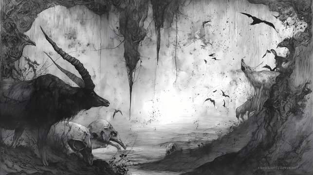 gallery piece on metaphysical dread | metaphysical sickness | existential horror | ink-stained gray | dreamlike drift | withered beasts | mist-textured background | monochrome toning | plague-era