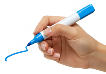 Hand Holding Blue Marker Drawing a Line on Transparent Background