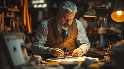 Intricate work: Craftsman meticulously repairs vintage equipment under warm lights