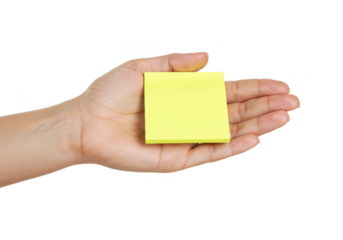 Hand Holding Yellow Sticky Note Memo Isolated on Transparent Background