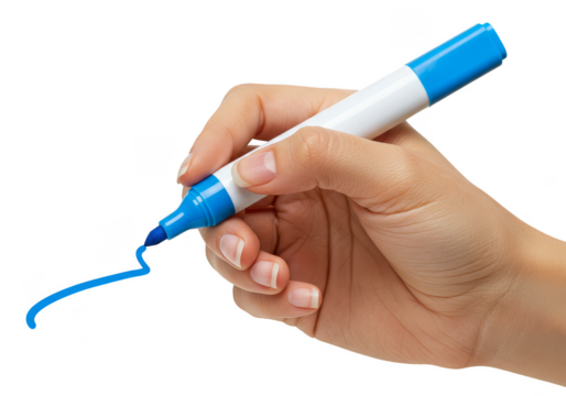 Hand Holding Blue Marker Drawing a Line on Transparent Background