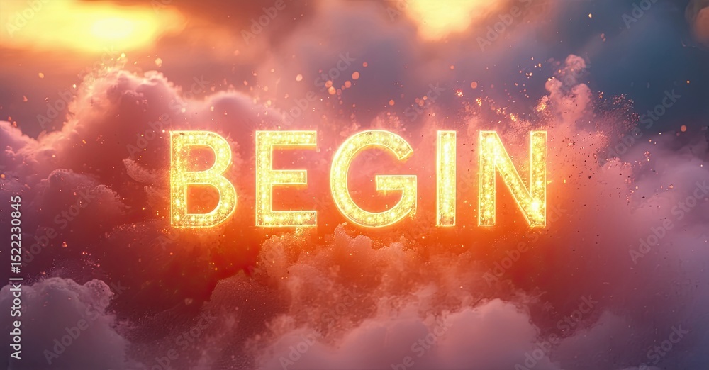 Aufkleber bright text reads begin against vibrant sunset sky. clouds surround glowing letters, creating dramat
