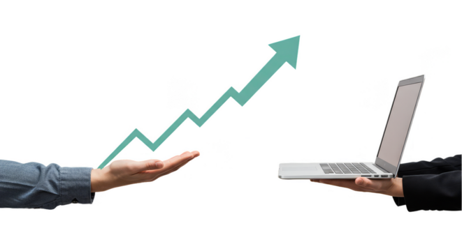 Hands Presenting Ascending Arrow and Laptop on Transparent Background