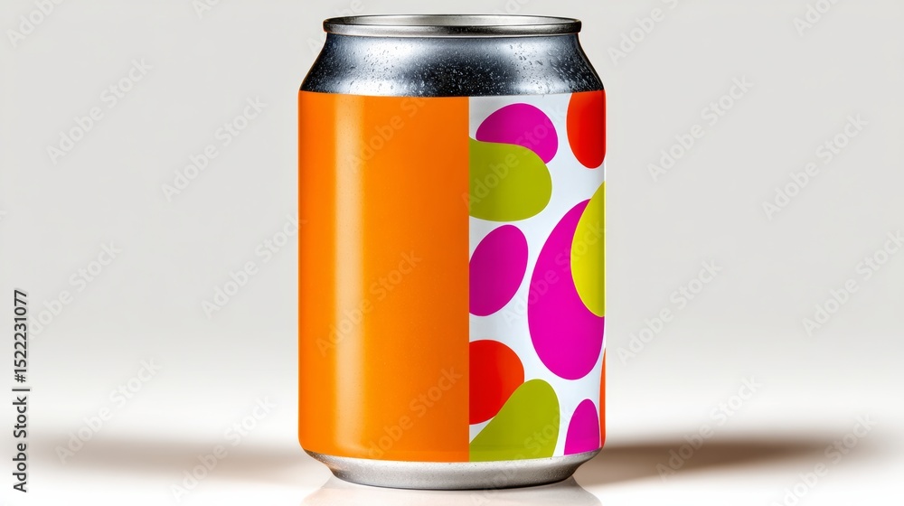 Poster can of soda with a colorful design on it. the design is made up of circles and includes a mix of gre