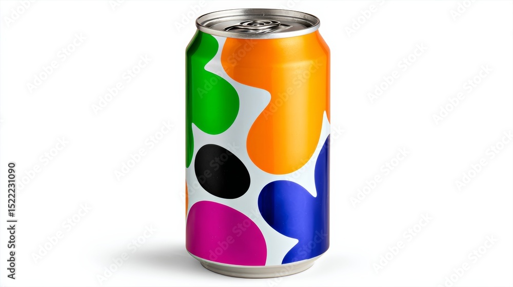 Poster can of soda with a colorful design on it. the design is abstract and features a variety of colors an