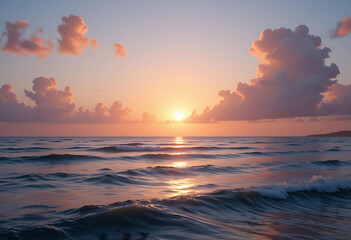  The sun sets over the ocean, painting the sky with warm colors, while waves gently lap against the shore beneath clouds.