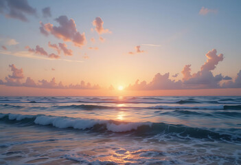 Sunset over the beach with gentle waves lapping at the shore and clouds painted in warm hues.
