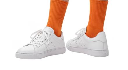 Fashionable White Sneakers with Orange Socks on Isolated Background