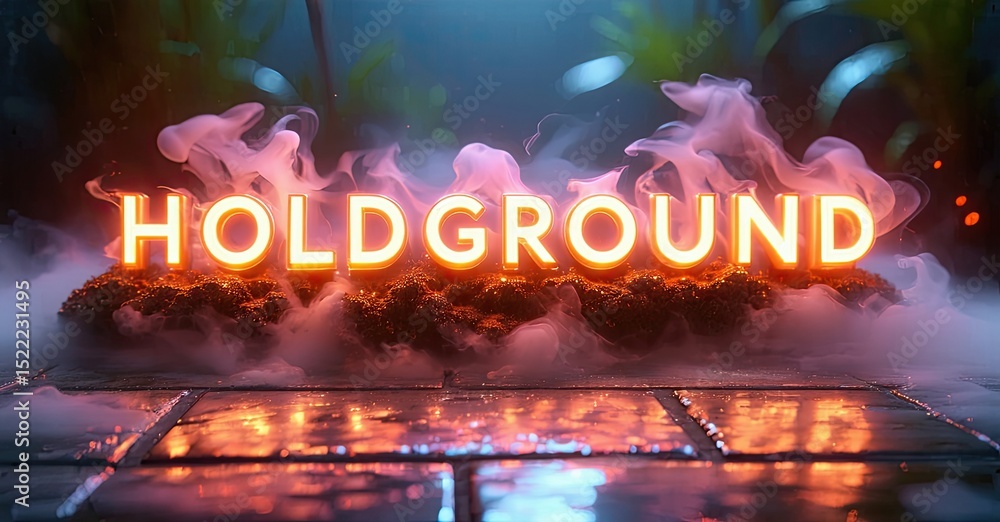Poster bright neon text holdground floats above reflective surface. smoke swirls around glowing platform, d