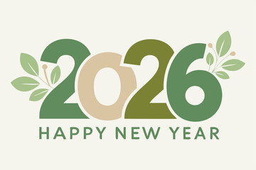 Happy New Year 2026 Nature Poster – Minimalist White Eco Design with Leaves.