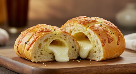 Freshly baked cheesy garlic bread roll with a golden, bubbly crust, cut open to reveal melted mozzarella and roasted garlic. The bread has a soft and savory texture inside, placed on a rustic wooden c