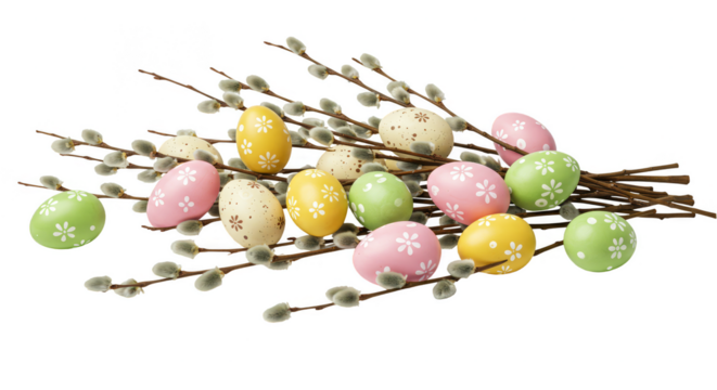 Illustration Easter Eggs with Willow Branches on Transparent Background