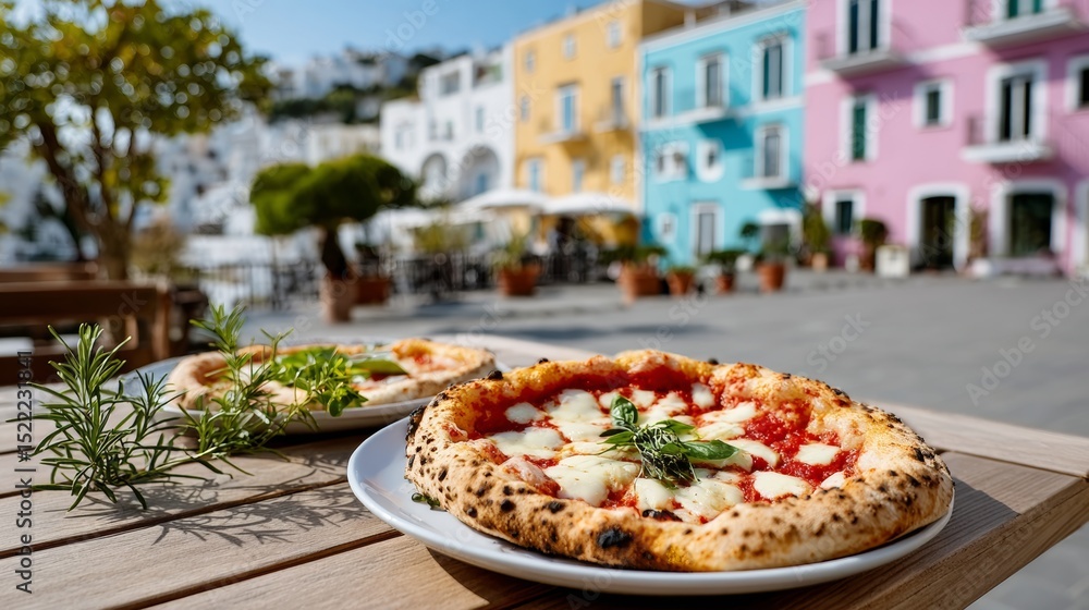 Poster plate of pizza with basil and cheese sits on a table in front of a colorful building. the pizza is t