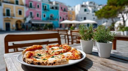 Plate of pizza sits on a wooden table in front of a building. The pizza is cut into slices and is accompanied by two potted plants. The scene has a casual and relaxed atmosphere