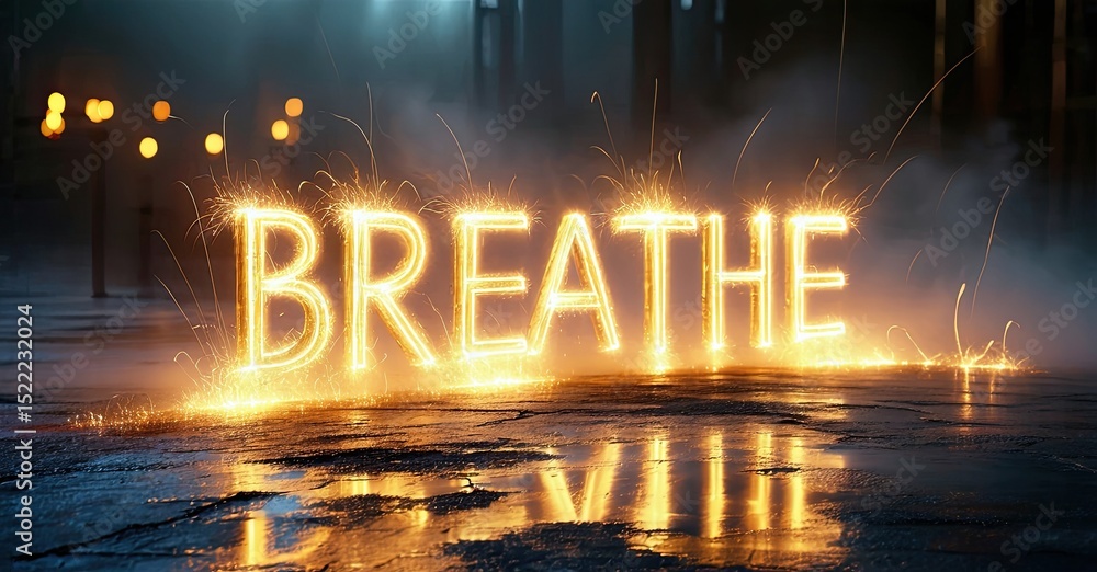 Aufkleber bright word breathe created using sparks on wet pavement. dark background with blurred lights sugges