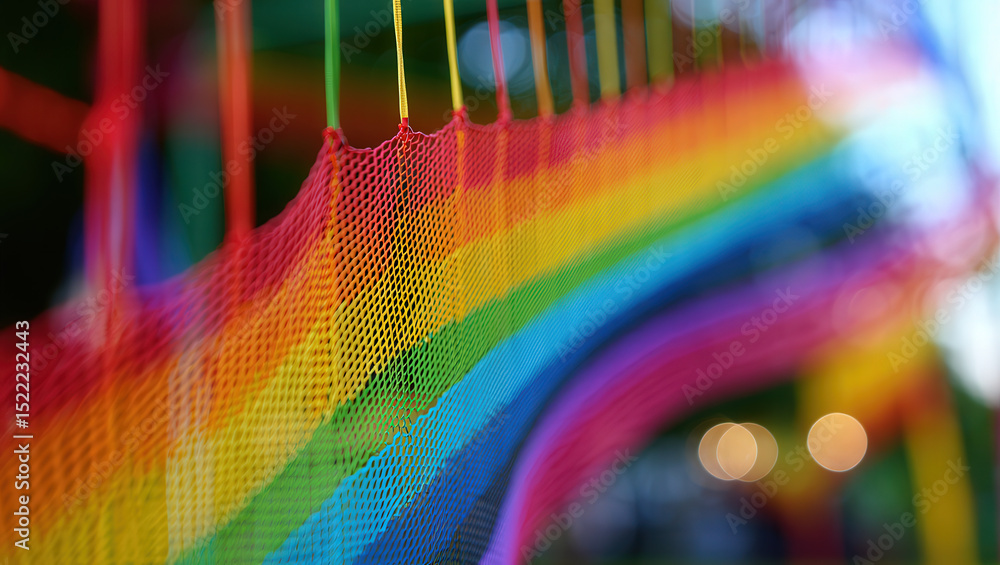 Poster a vibrant rainbow colored netting with blurred lights in the background creating a dreamy effect