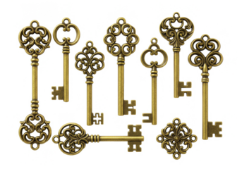 Illustration Golden Vintage Skeleton Keys Old Ornate Design on Transparent