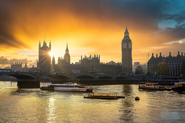 Landscape with Big Ben and Westminster palace at sunset in London, Great Britain