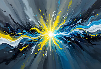  Abstract painting featuring a vibrant blue and yellow starburst design radiating outward from the center.