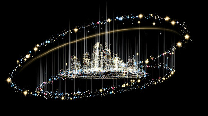 Obraz premium built on energy beams surrounded by spinning rings of light