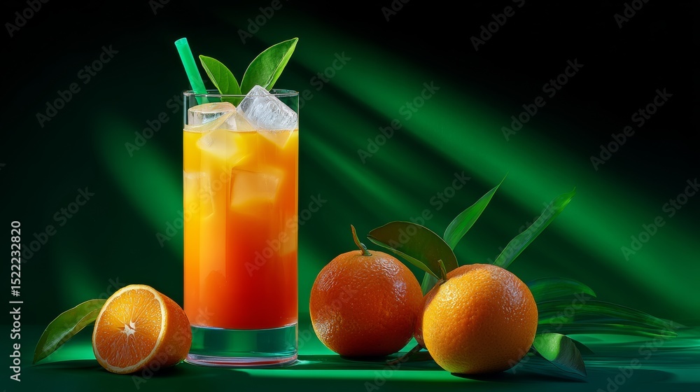 Poster glass of orange juice with ice cubes and a few oranges on a table. concept of relaxation and refresh