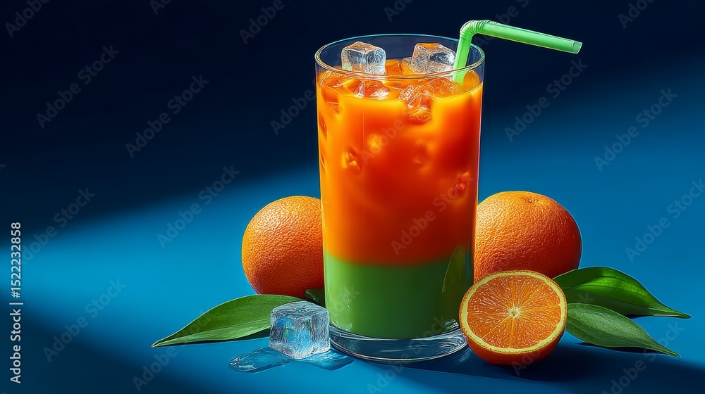 Poster glass of orange juice with a green straw in it. there are also two oranges on the table