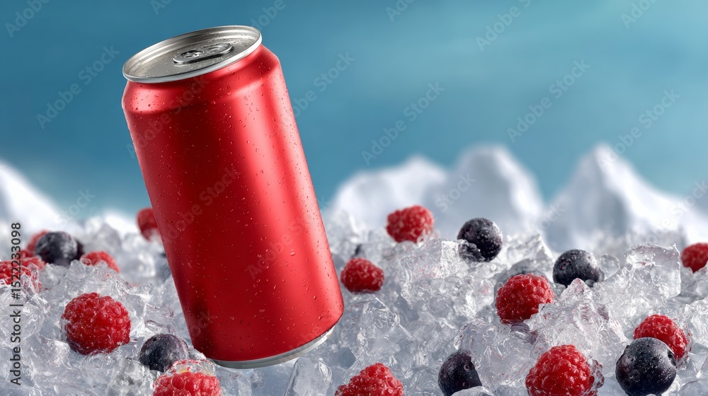 Poster can of soda is floating above a pile of ice and fruit. the soda can is red and the ice is blue. the 