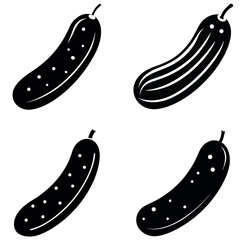 Four Black and White Cucumber Illustrations Vegetable Designs with Ridges and Spots Depicted