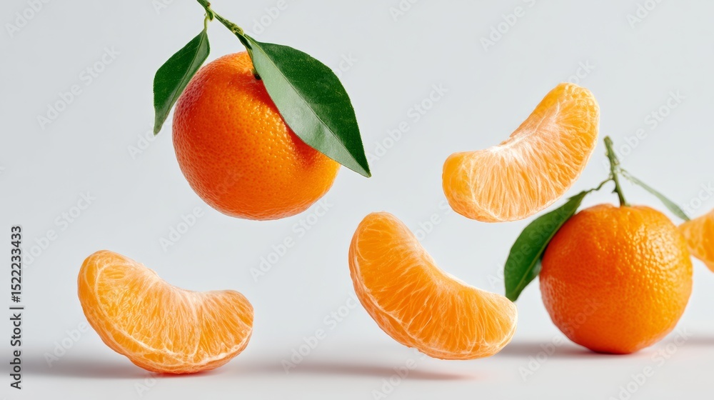Poster close up of a bunch of oranges with one of them being cut in half. the oranges are floating in the a