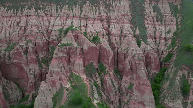Pink sedimentary rock formations of Rapa Rosie mountain range in Romania