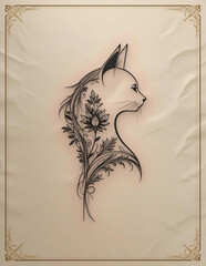  Tattoo design featuring a cat surrounded by intricate floral elements.